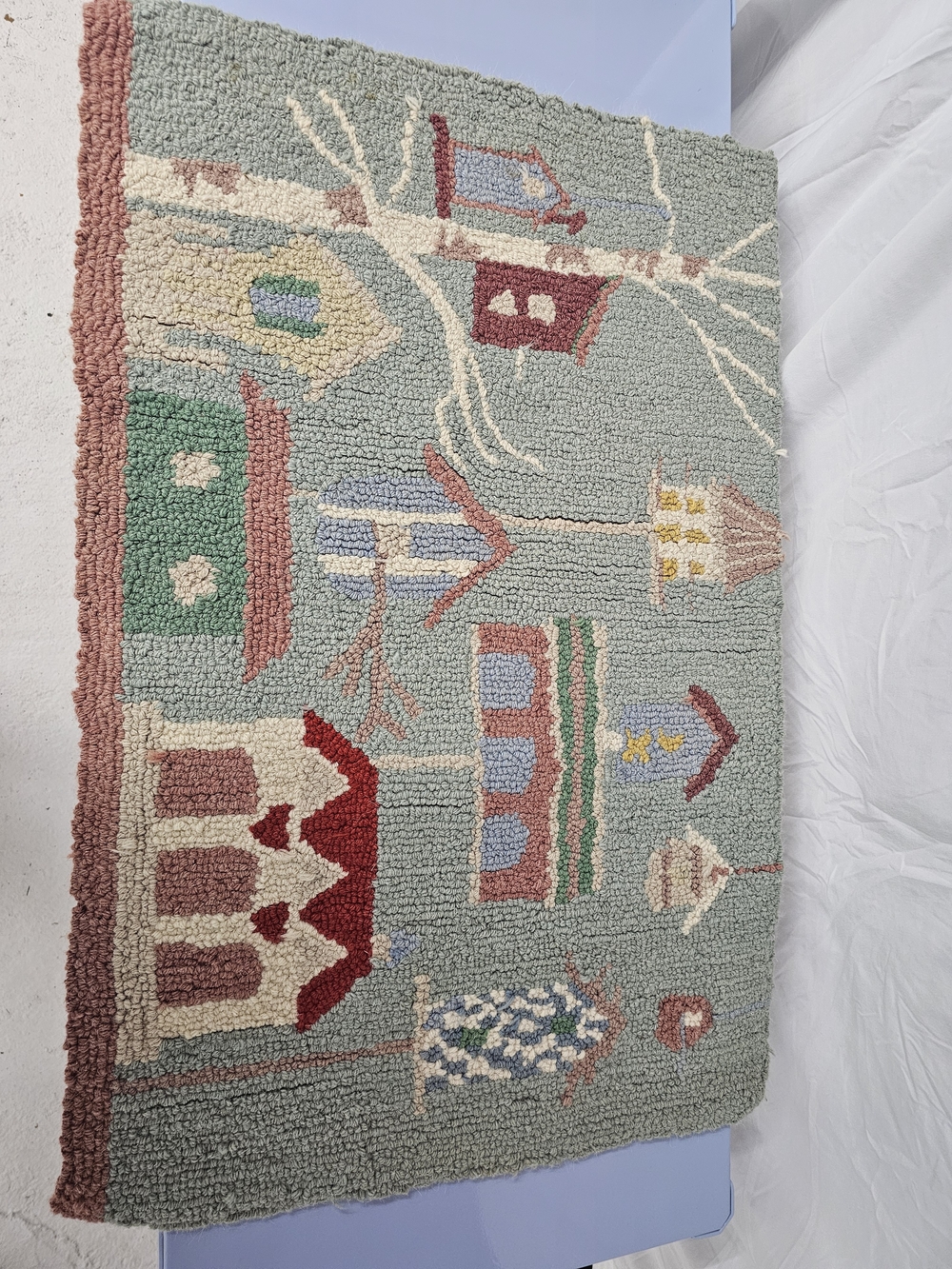 Vintage Hand-Hooked Wool Accent Rug - Whimsical Folk Art Birdhouse Village Scene